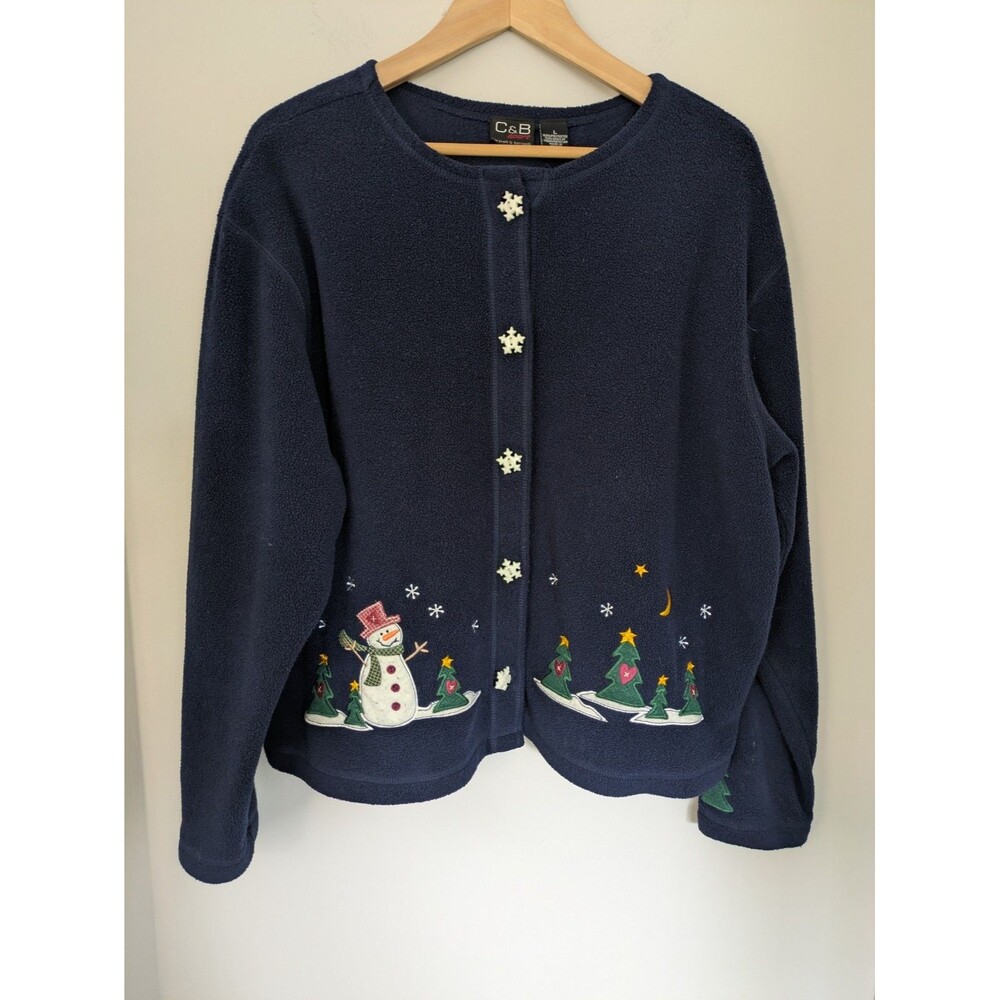 Vintage C&B Sport Fleece Jacket Womens SZ L Blue Snowman  Embroidered Winter